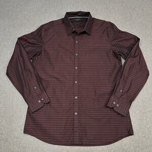 Marc Anthony Dress Shirt Mens L Slim Fit Button Up Maroon Plaid Casual Modern